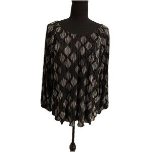 Chicos Size 3 Womens XL Top Crinkle Diamond Foil 3/4 Sleeve Black Silver Pleated